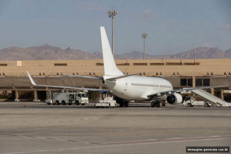 Un aereo di linea fermo sulla pista di un aeroporto in Arabia Saudita, visto da lontano, con mezzi di servizio nelle vicinanze.