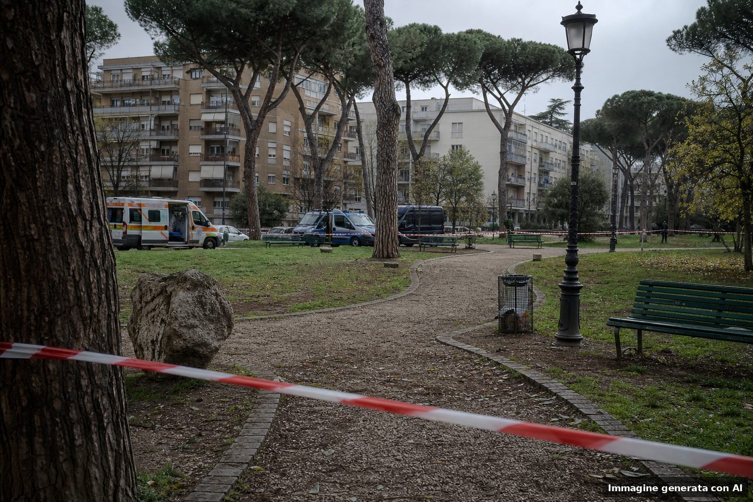 Un parco urbano a Roma nelle prime ore del mattino, con nastro di delimitazione e mezzi di emergenza sullo sfondo, senza persone riconoscibili.