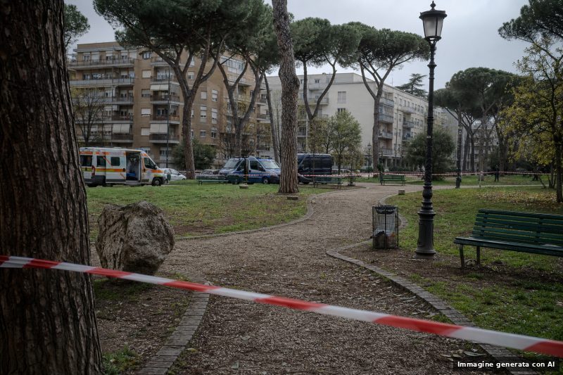 Un parco urbano a Roma nelle prime ore del mattino, con nastro di delimitazione e mezzi di emergenza sullo sfondo, senza persone riconoscibili.
