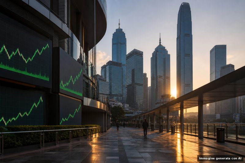 Veduta di un distretto finanziario asiatico con schermi di mercato e indicatori in rialzo, senza persone riconoscibili.