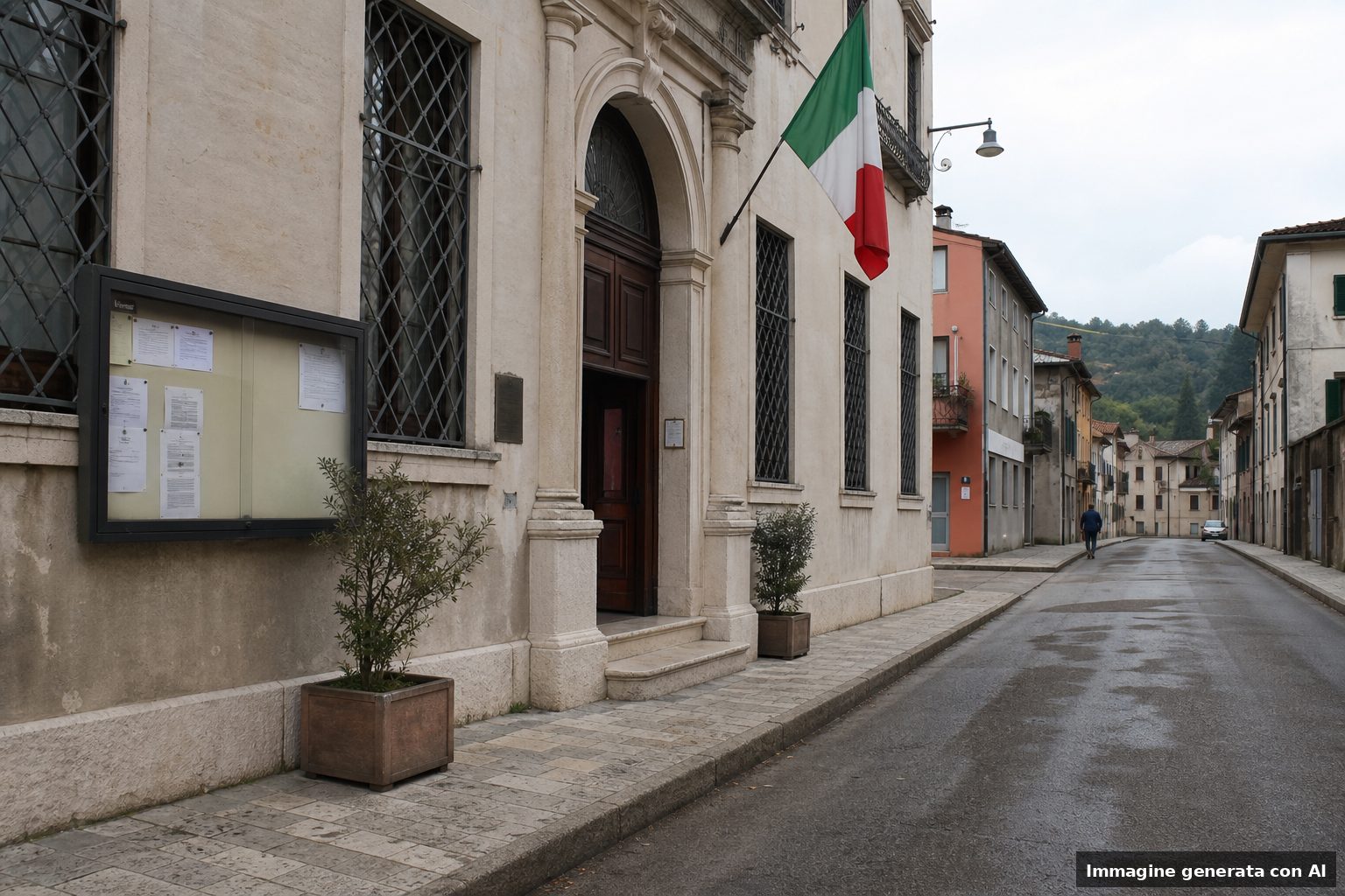 Esterno di un municipio in Veneto con bandiera italiana e ingresso dell'edificio, in un contesto urbano tranquillo.