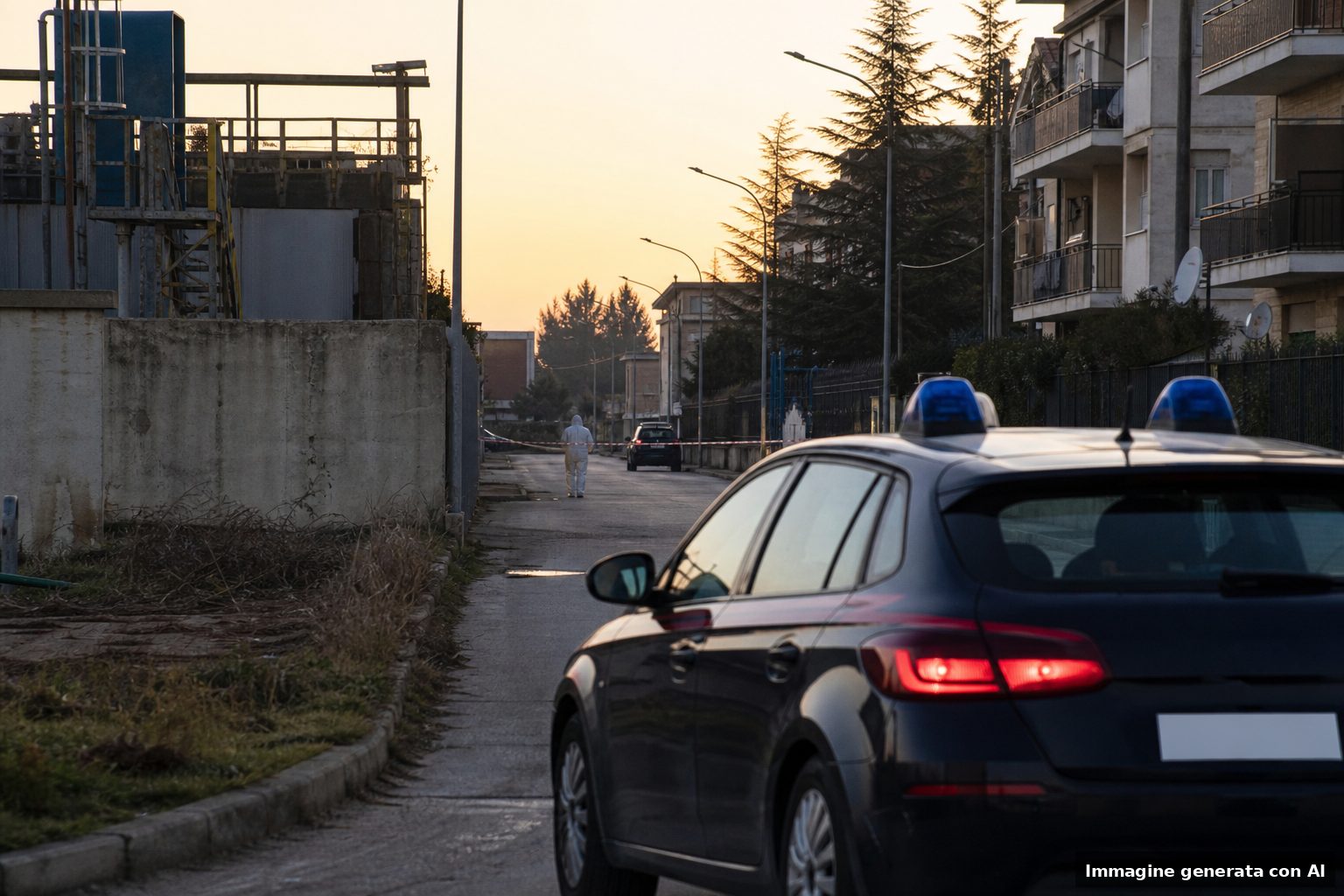 Una strada della provincia di Foggia con un’auto delle forze dell’ordine in sosta vicino a edifici residenziali, in un contesto urbano periferico, senza persone riconoscibili.