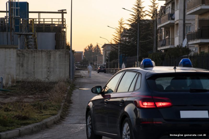 Una strada della provincia di Foggia con un’auto delle forze dell’ordine in sosta vicino a edifici residenziali, in un contesto urbano periferico, senza persone riconoscibili.