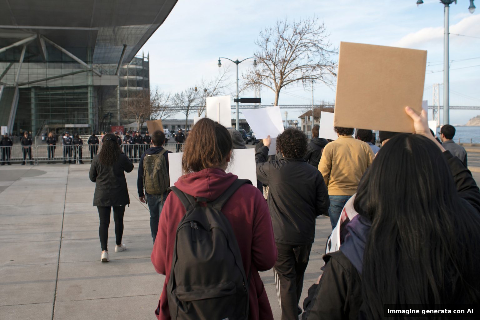 Esterno di un centro congressi a San Francisco con alcuni manifestanti non riconoscibili e transenne durante una protesta legata a una conferenza sull'intelligenza artificiale.