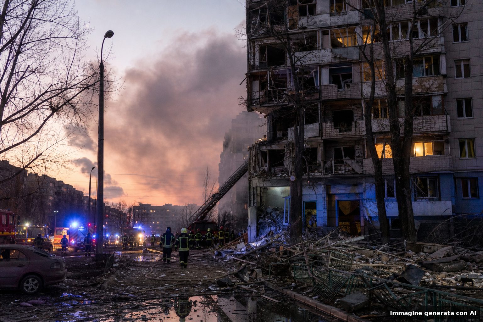 Palazzina danneggiata nella regione di Kiev con mezzi di soccorso e detriti dopo un attacco notturno.