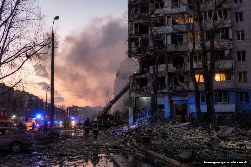 Palazzina danneggiata nella regione di Kiev con mezzi di soccorso e detriti dopo un attacco notturno.