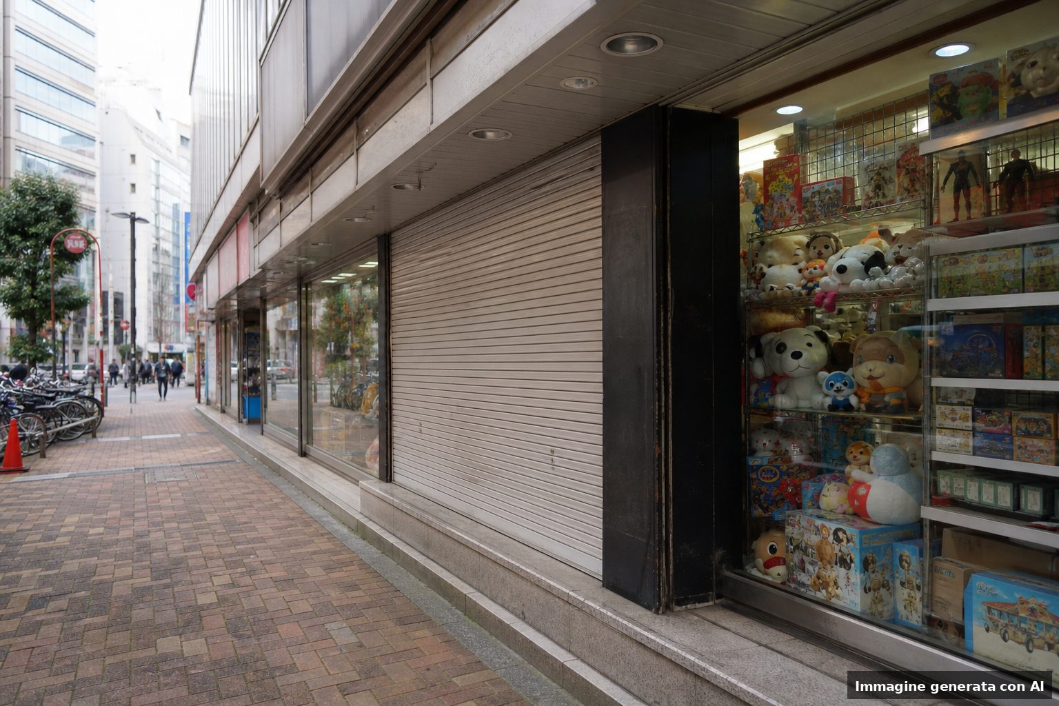 Esterno di un negozio di giocattoli in una strada urbana giapponese, con vetrine e ingresso visibili, senza persone riconoscibili.