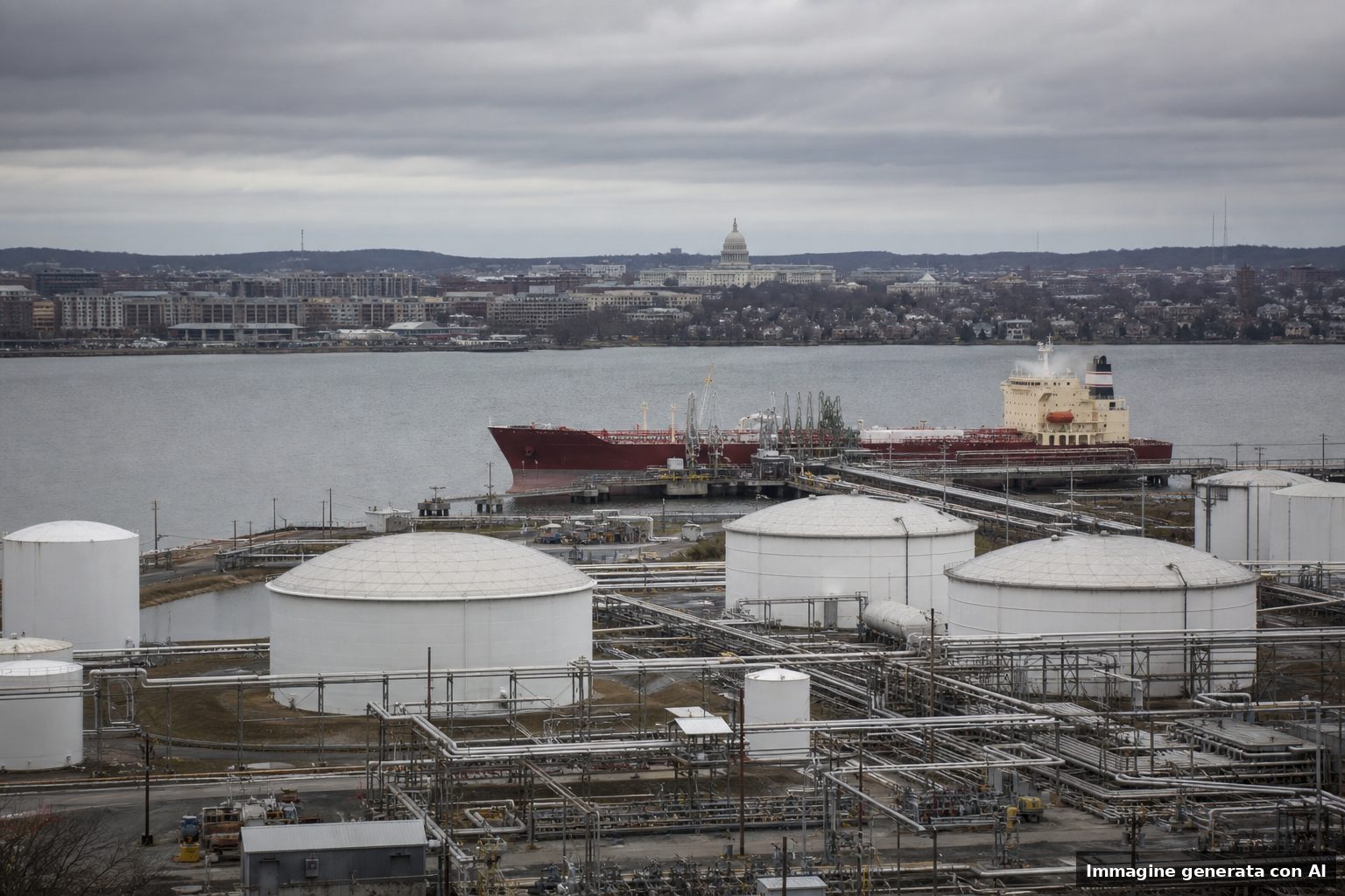 Terminale industriale per l'export di carburante negli Stati Uniti con serbatoi, tubazioni e una nave attraccata.