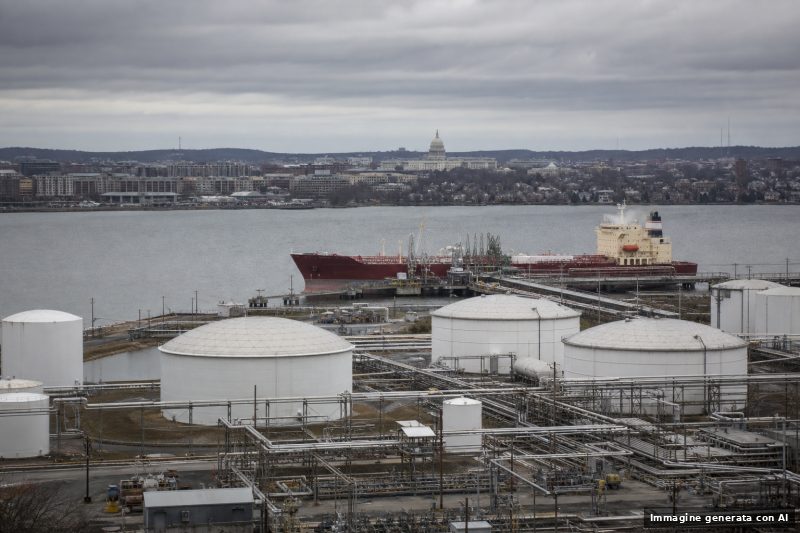 Terminale industriale per l'export di carburante negli Stati Uniti con serbatoi, tubazioni e una nave attraccata.