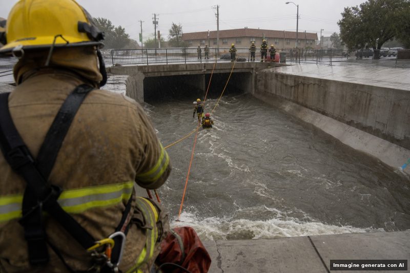 Canale di drenaggio a Las Vegas durante la pioggia, con corde di soccorso montate sopra il corso d’acqua e soccorritori non riconoscibili sul posto.
