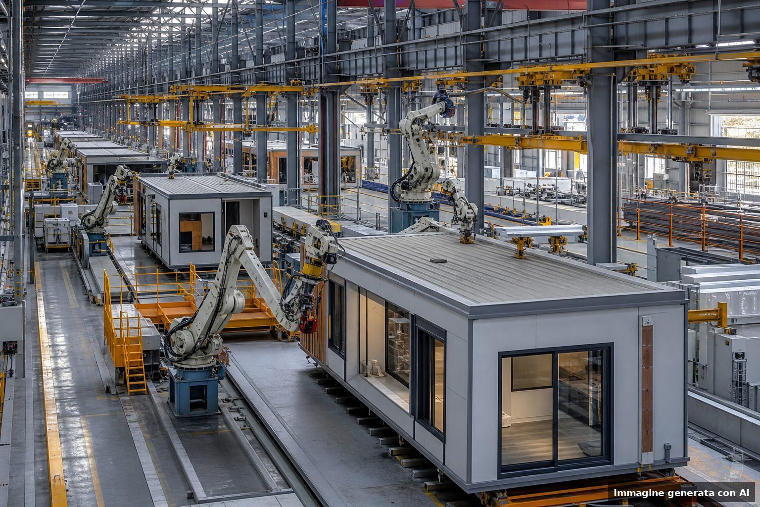 Interno di una fabbrica di edilizia modulare con moduli prefabbricati e bracci robotici su una linea di produzione.