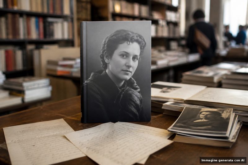 Una biografia appena pubblicata appoggiata su un tavolo in una libreria o biblioteca, accanto a lettere e documenti in stile archivistico.