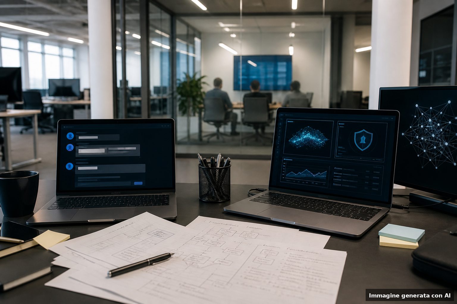 Postazione da ufficio con computer e materiali di analisi sulla sicurezza dei chatbot in un ambiente aziendale moderno.