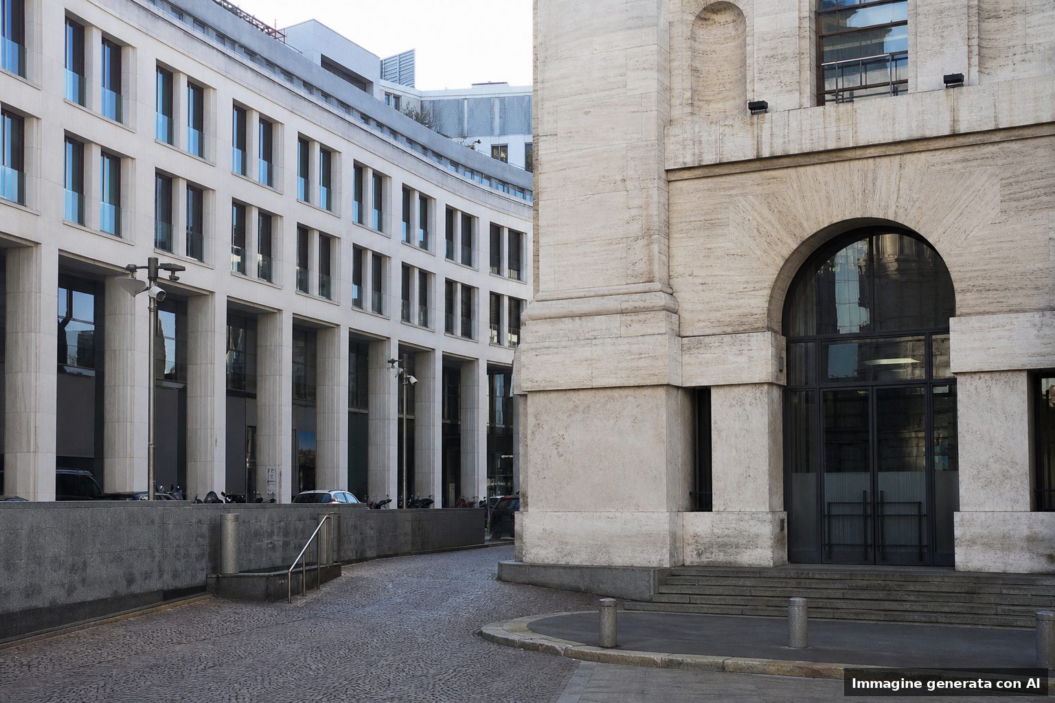 Veduta esterna dell'area di Piazza Affari a Milano con edifici finanziari in orario diurno, senza persone riconoscibili.