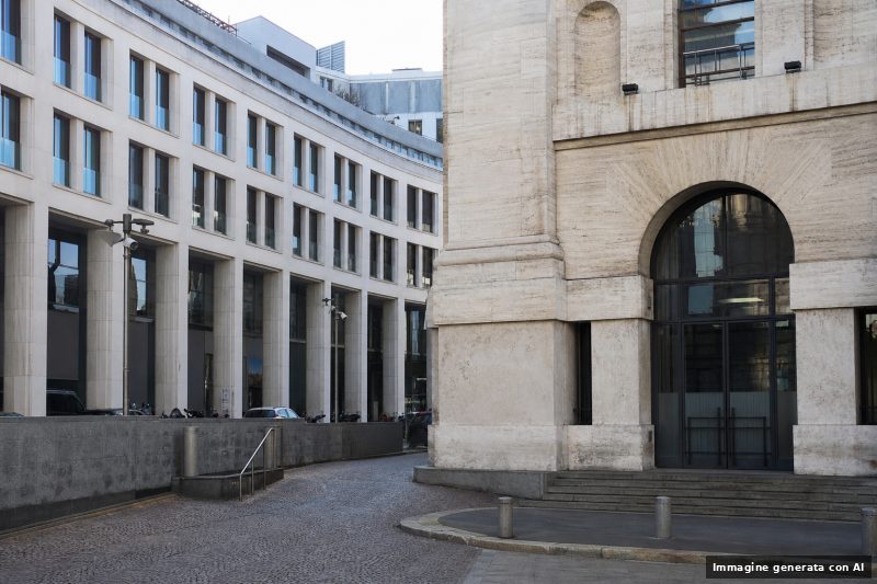 Veduta esterna dell'area di Piazza Affari a Milano con edifici finanziari in orario diurno, senza persone riconoscibili.