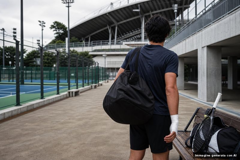 Ingresso di un impianto tennistico a Tokyo con campo sullo sfondo, una borsa da tennis su una panchina e un atleta non riconoscibile visto di spalle con una mano fasciata.