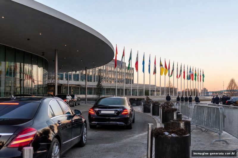 Esterno di una sede diplomatica con bandiere e auto di servizio, in un contesto che richiama negoziati internazionali in Medio Oriente.