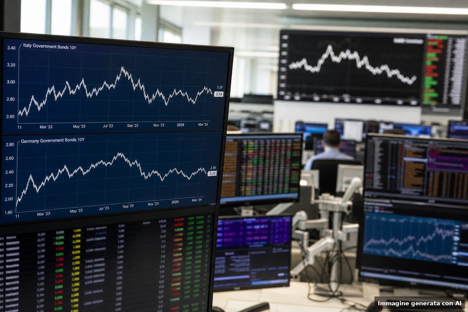 Schermi con dati finanziari e grafici sui titoli di Stato italiani e tedeschi in un ufficio, senza persone riconoscibili.
