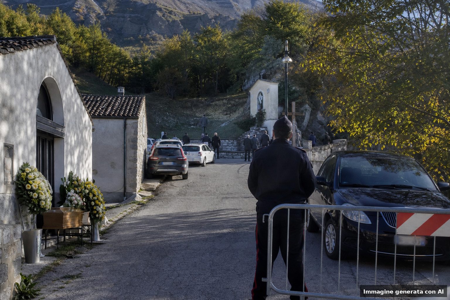 Allestimenti e gestione del traffico in un piccolo centro montano abruzzese in vista di un funerale, con persone non riconoscibili sullo sfondo.