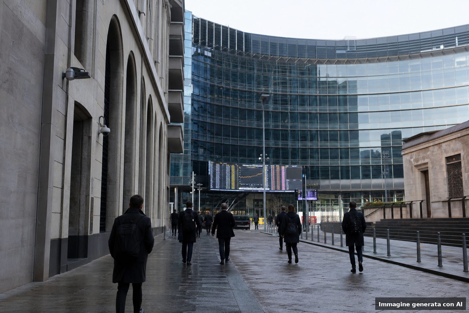 Veduta esterna di un'area finanziaria di Milano al mattino, con edifici per uffici e tabelloni di mercato non leggibili sullo sfondo.